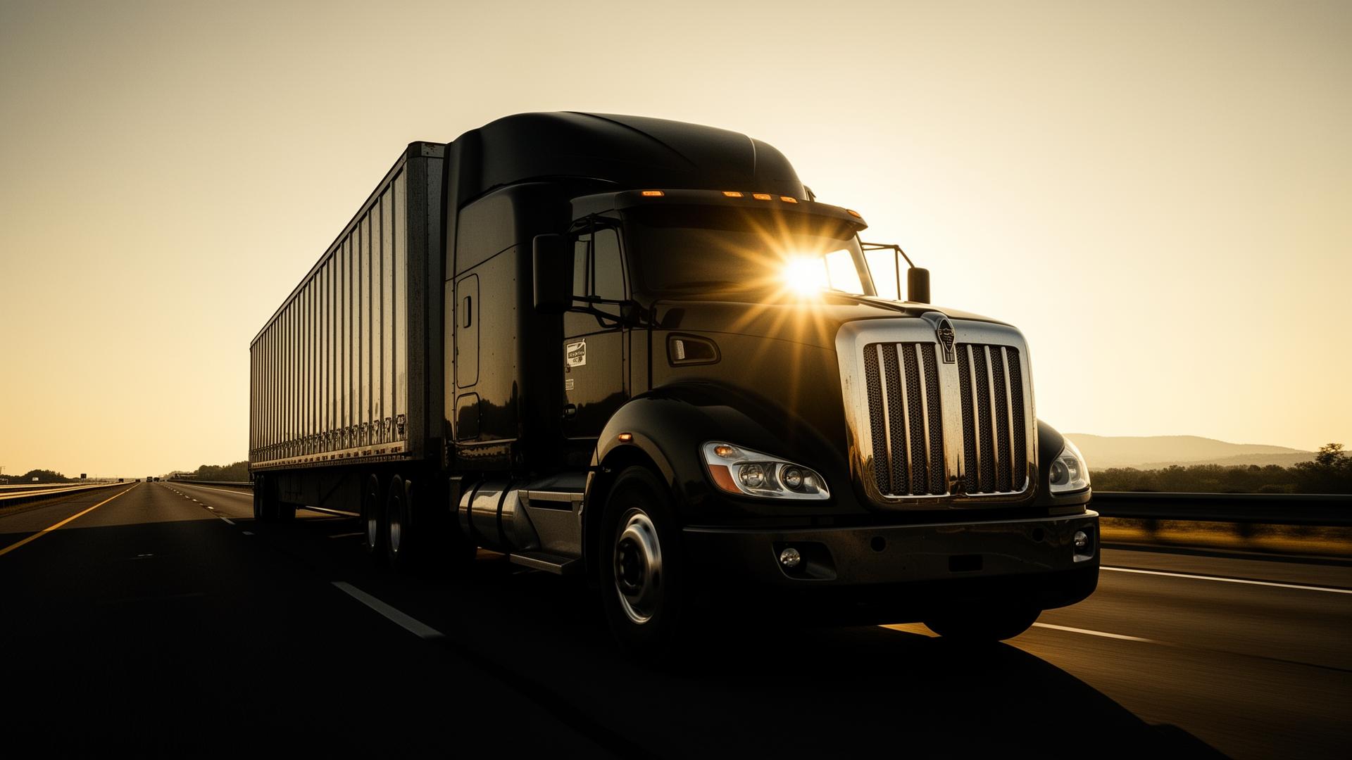 Black freight truck on highway at golden hour